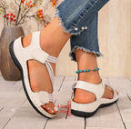 ZOFIA ATELIER off-white PU beach sandals with Velcro closure and round toe. Comfortable and elegant for summer.