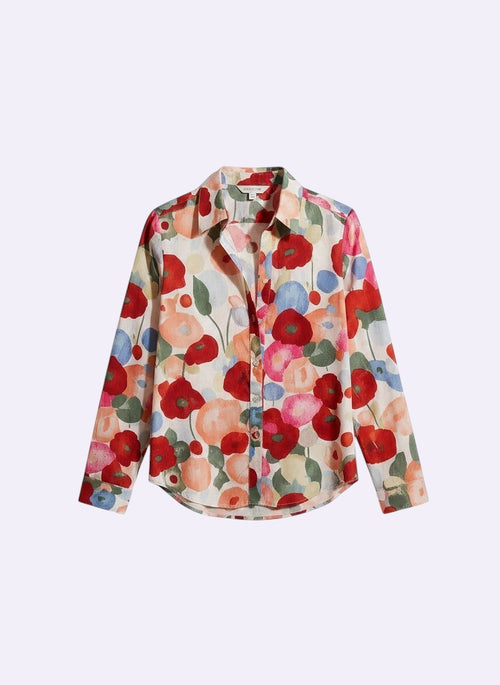 ZOFIA ATELIER BEATA floral long sleeve blouse with notched collar and button front. Features a watercolor-style floral print in red, pink, orange, and blue.