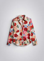 ZOFIA ATELIER BEATA floral long sleeve blouse with notched collar and button front. Features a watercolor-style floral print in red, pink, orange, and blue.