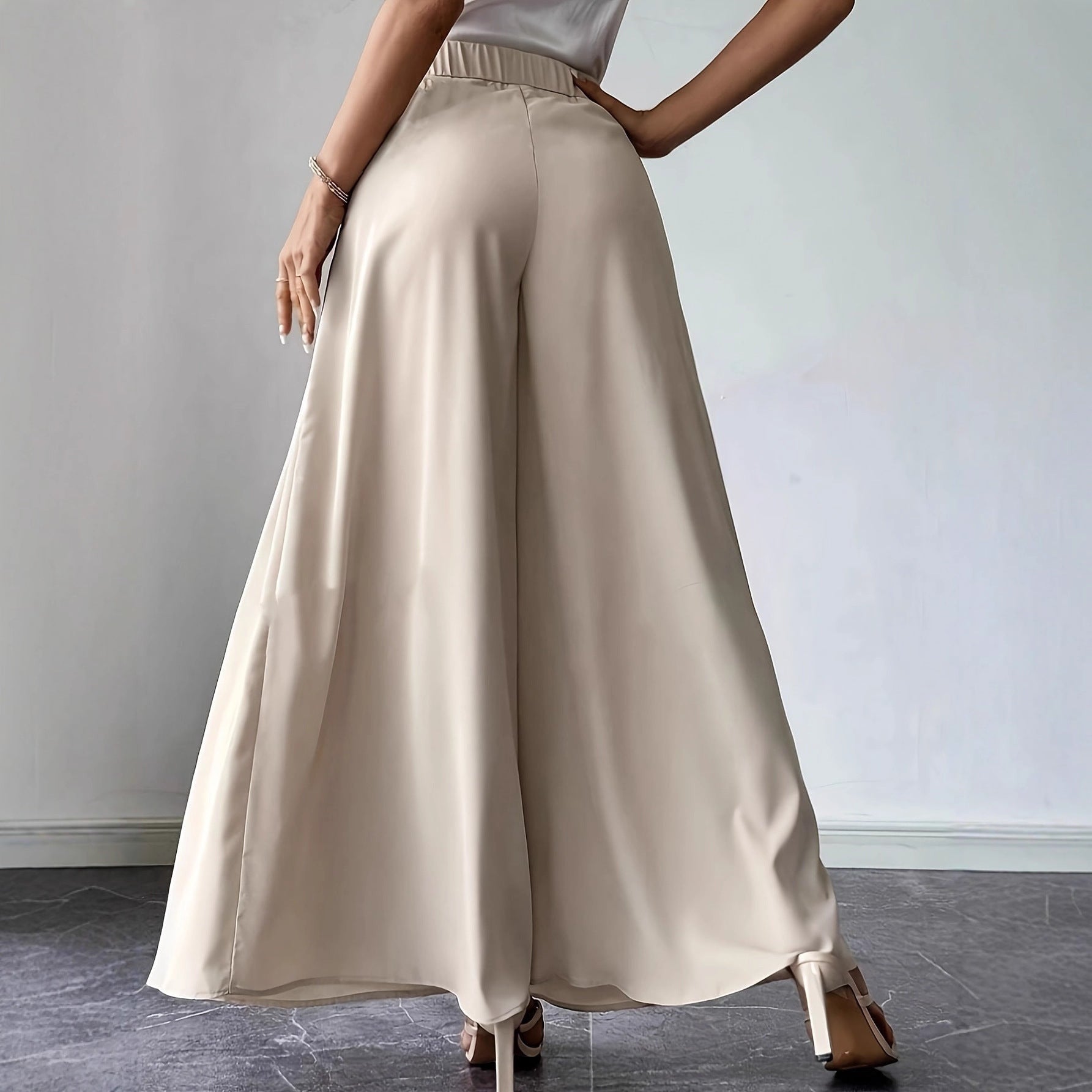 ZOFIA ATELIER beige polyester wide-leg bohemian pants with a semi-elastic high-waist.