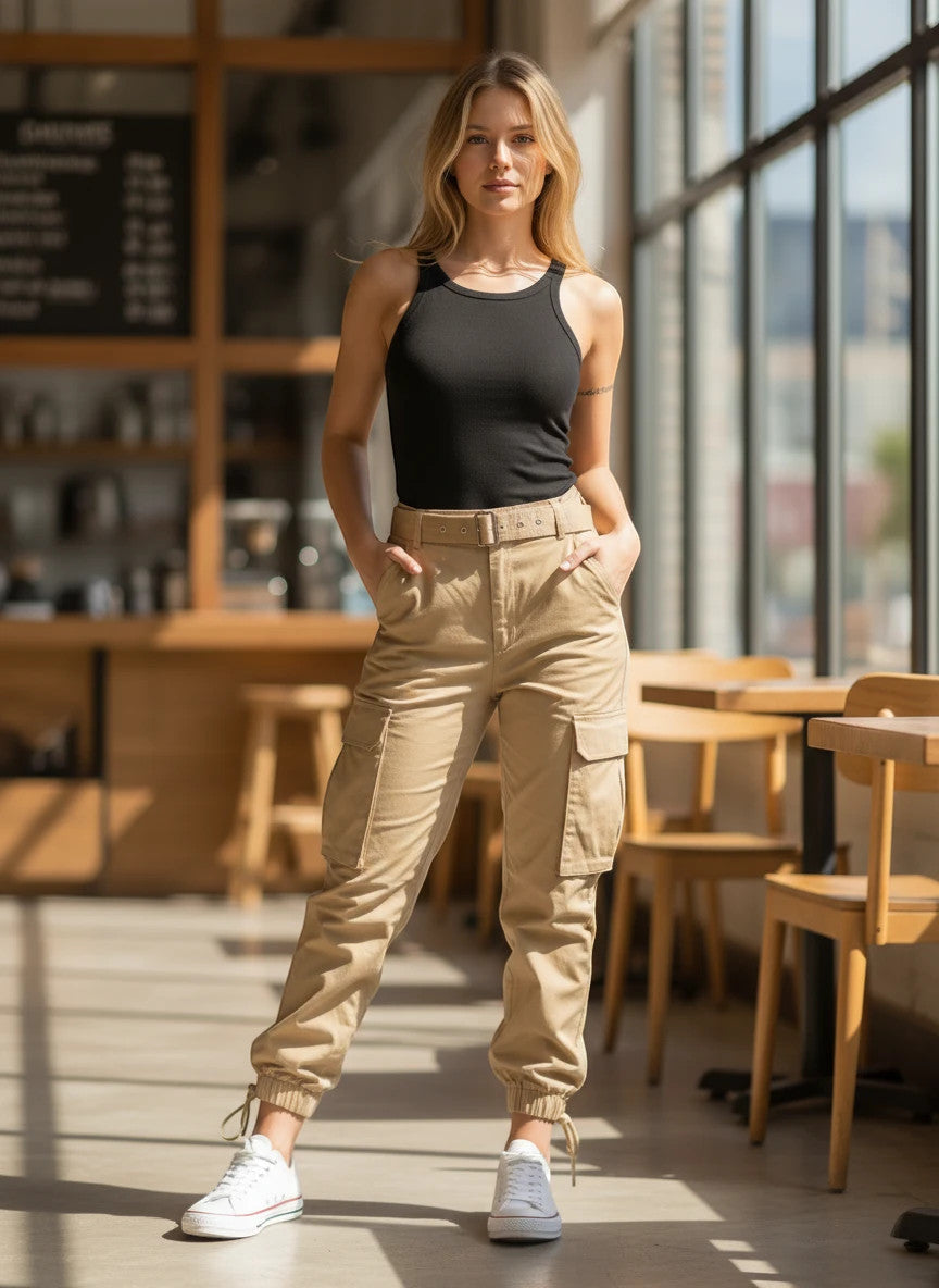 ZOFIA ATELIER beige slim-fit cotton blend cargo overalls with a high waist and zipper detail.