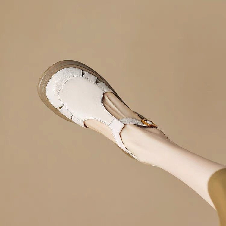 ZOFIA ATELIER beige PU leather round-toe chunky heel Mary Jane shoes with buckle strap.
