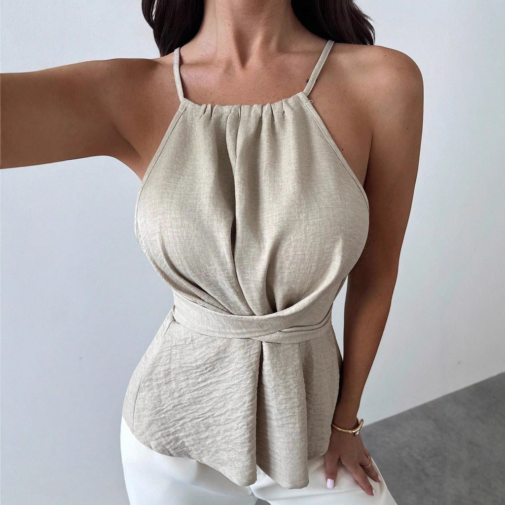 ZOFIA ATELIER beige halter neck sleeveless blouse with cinched waist and open back detail