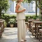 ZOFIA ATELIER beige polyester V-neck halter sleeveless top with wide-leg pants set.