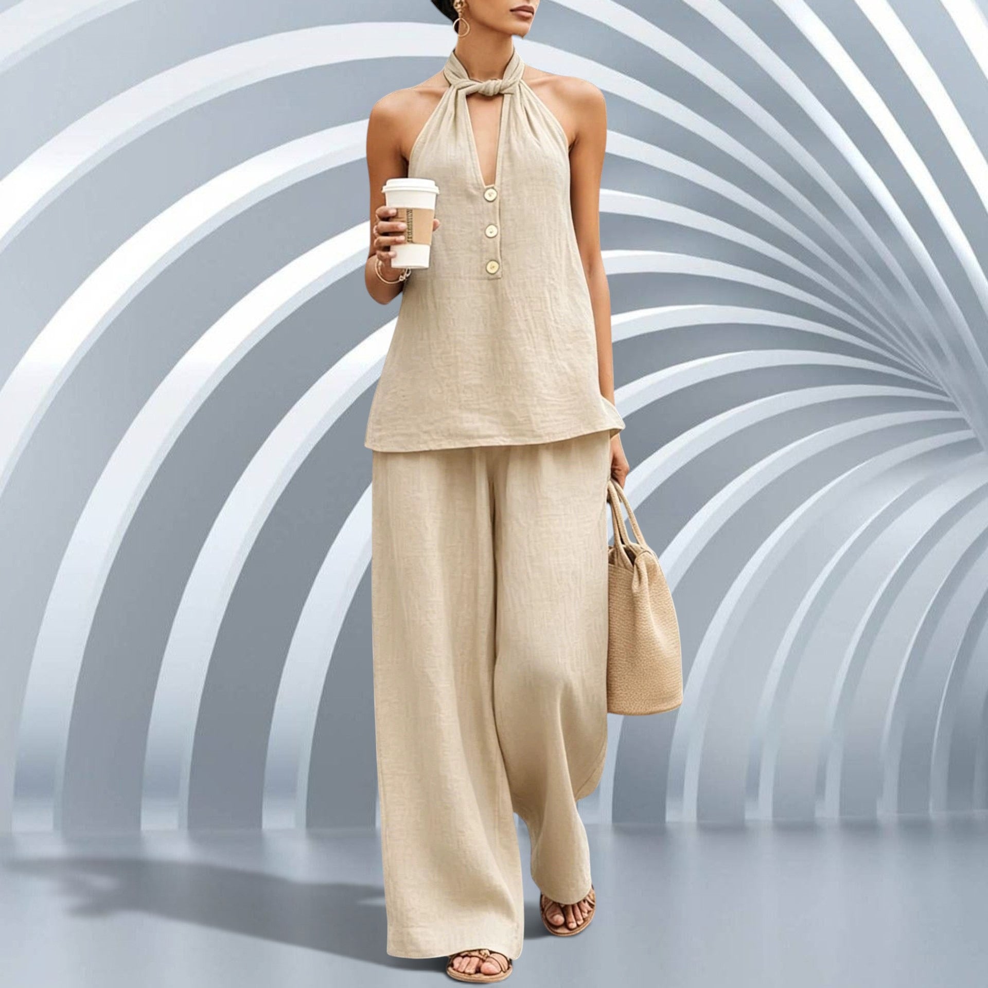 ZOFIA ATELIER beige polyester V-neck halter top with buttons and wide-leg trousers, summer set.