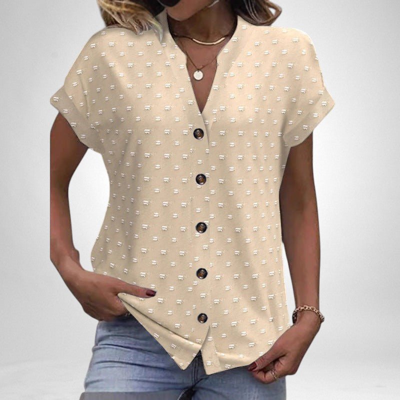 ZOFIA ATELIER beige jacquard V-neck short-sleeve blouse with button-down front and textured dot pattern.