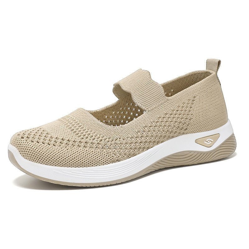 ZOFIA ATELIER beige knit low-cut walking shoes with white sole and adjustable strap.