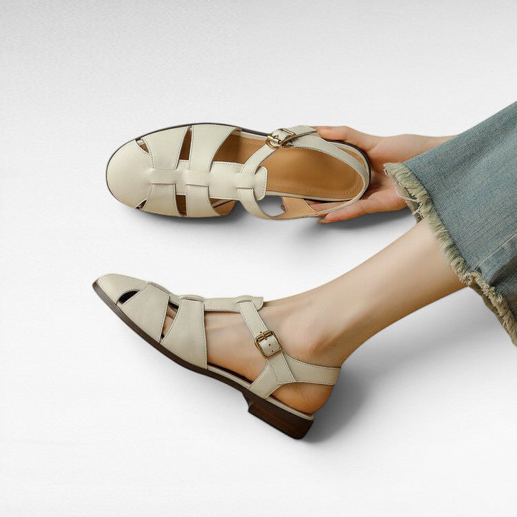 ZOFIA ATELIER beige leather hollowed retro Roman sandals with buckle closure
