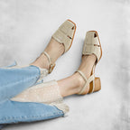 ZOFIA ATELIER beige leather woven square toe mid-heel sandals with ankle strap