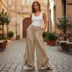 ZOFIA ATELIER beige linen blend wide-leg pants with ruffled hem and smocked high waist