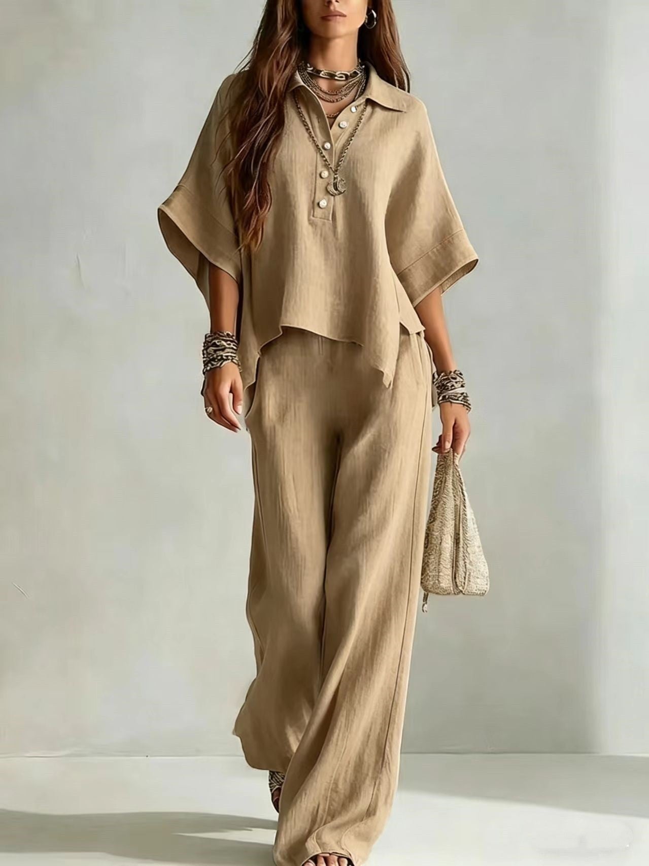 ZOFIA ATELIER Edyta short sleeve collared shirt and wide leg pants set in beige linen-blend fabric.