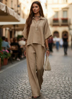 ZOFIA ATELIER beige linen short sleeve collared shirt and wide leg pants two-piece set