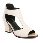ZOFIA ATELIER beige artificial PU platform sandals with back zipper and fish mouth toe.
