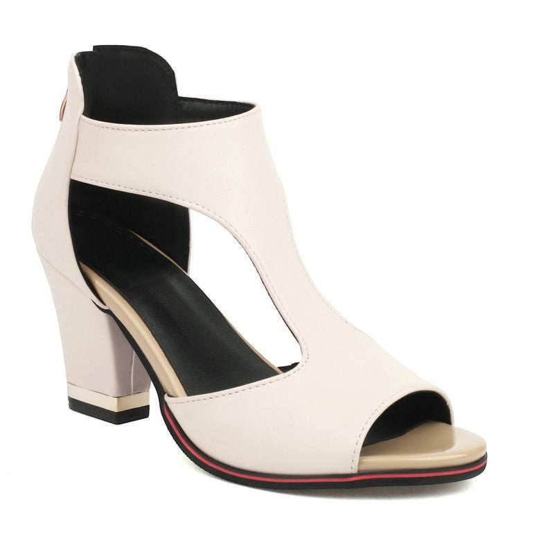 ZOFIA ATELIER beige artificial PU platform sandals with back zipper and fish mouth toe.