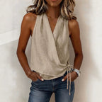 ZOFIA ATELIER beige polyester lightweight V-neck sleeveless wrap-style tank top with tie detail