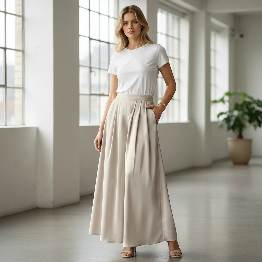 ZOFIA ATELIER beige polyester wide-leg bohemian pants with semi-elastic high-waist and pockets.
