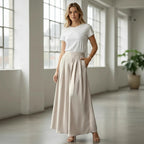 ZOFIA ATELIER beige polyester wide-leg bohemian pants with semi-elastic high-waist and pockets.