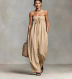 ZOFIA ATELIER beige ruched strapless wide-leg jumpsuit with drawstring waist and pockets, full length