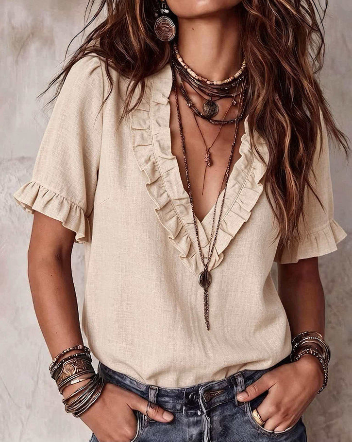 ZOFIA ATELIER beige V-neck ruffled polyester shirt with short sleeves and loose fit.