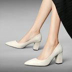 ZOFIA ATELIER beige suede pointed toe pumps with a chunky heel, perfect for daily wear.