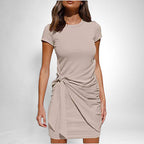ZOFIA ATELIER beige short-sleeve cotton blend dress with a round neckline and a tie-knot detail on the side.