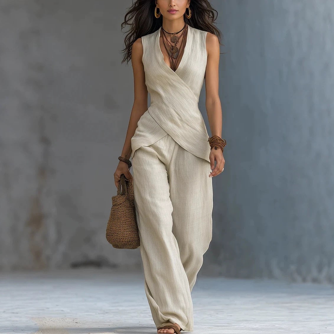 ZOFIA ATELIER beige V-neck knitted polyester casual set with wide-leg pants and a draped wrap top.