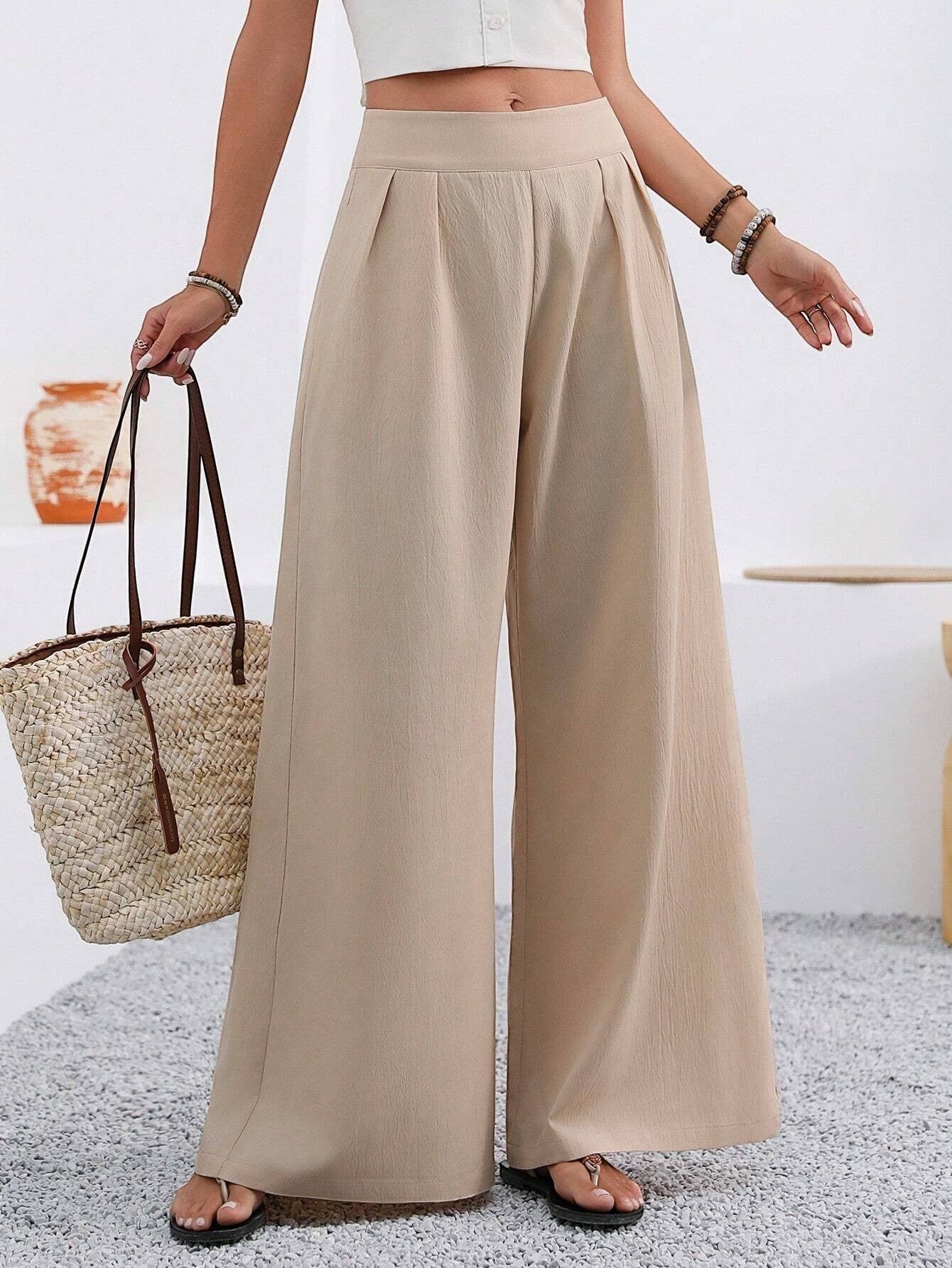 ZOFIA ATELIER beige polyester wide-leg trousers with high waist and pockets, full length.