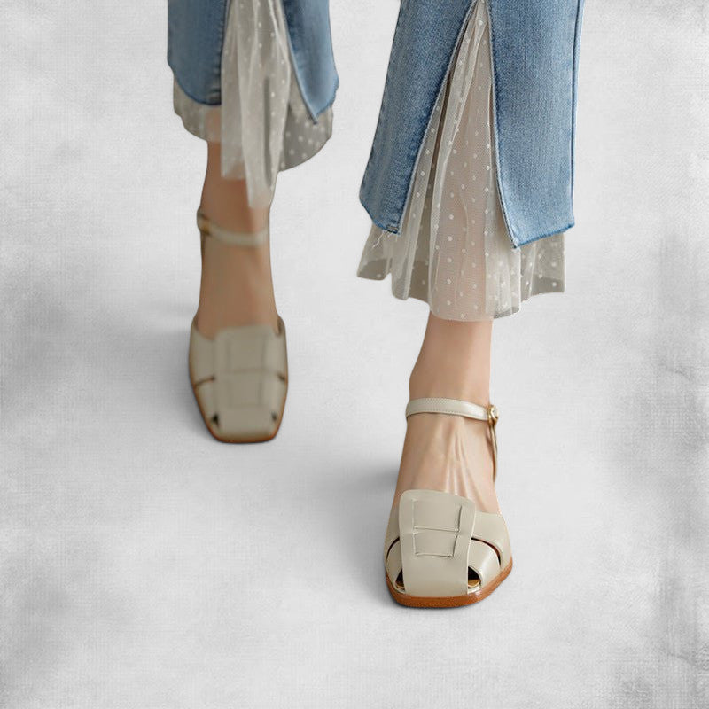 ZOFIA ATELIER beige woven leather square toe mid-heel shoes with ankle strap