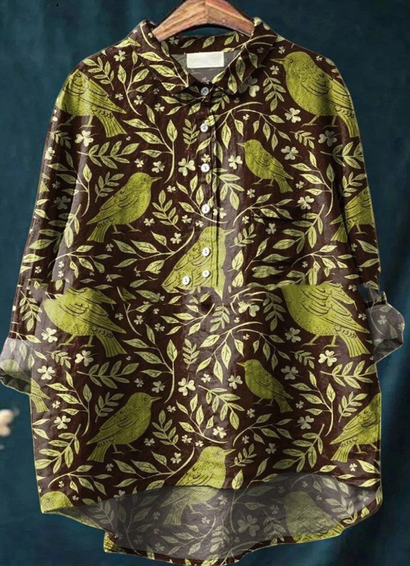 ZOFIA ATELIER brown long-sleeve shirt with a vintage bird and floral print in green. Features a button-up front and spread collar.