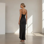ZOFIA ATELIER black polyester backless slim fit long dress with spaghetti straps.