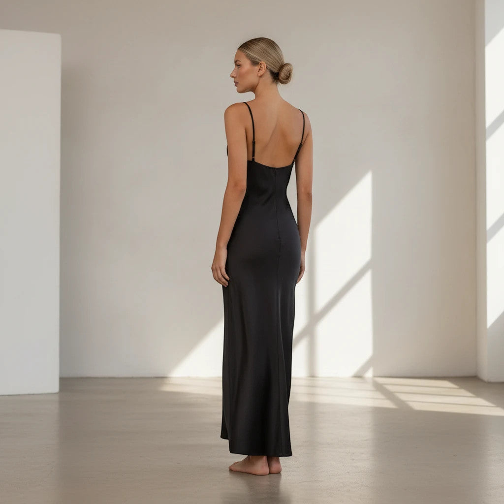 ZOFIA ATELIER black polyester backless slim fit long dress with spaghetti straps.
