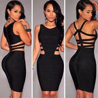 ZOFIA ATELIER black sleeveless bandage dress with cut-out sides and strappy back detail.