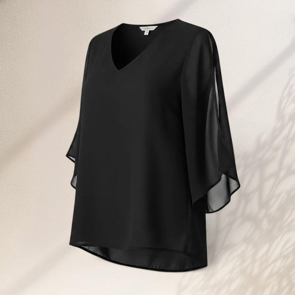 ZOFIA ATELIER black chiffon v-neck blouse with flutter sleeves and a hi-low hem.