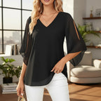 ZOFIA ATELIER black chiffon split-sleeve V-neck blouse with floral design. Elegant and sophisticated.