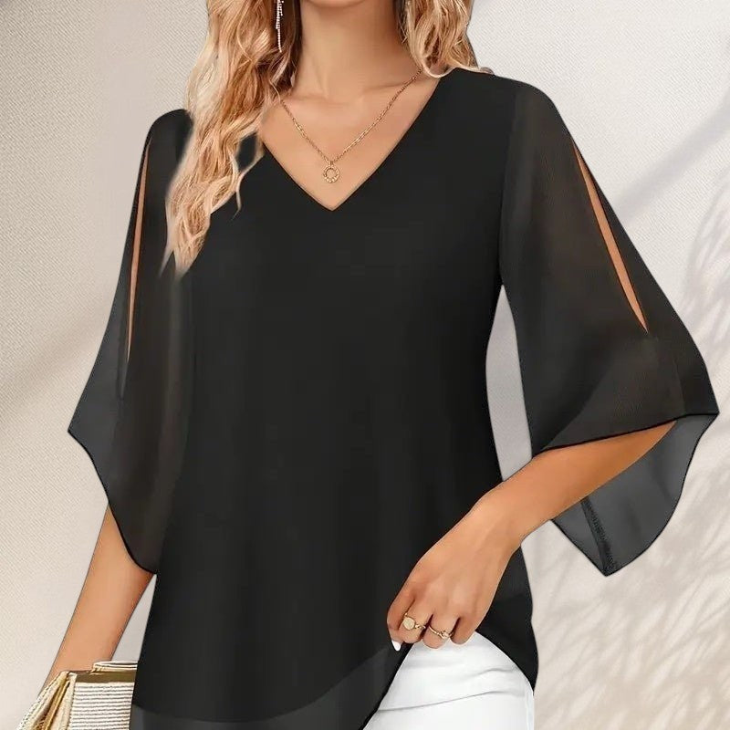 ZOFIA ATELIER black chiffon blouse with V-neck and split bell sleeves, perfect for sophisticated daywear.