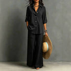 ZOFIA ATELIER black 100% cotton resort set with full-length pants and regular sleeves.