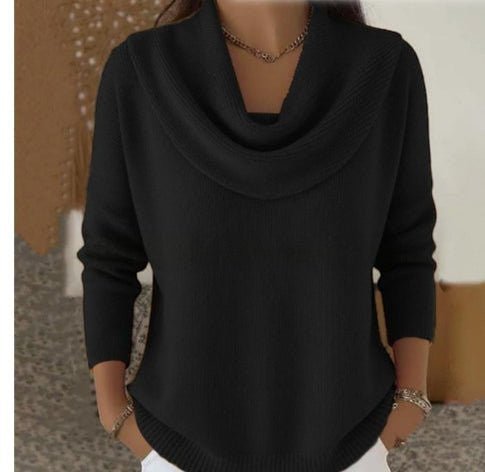ZOFIA ATELIER black long sleeve sweater with cowl neck, loose fit, and polyester material.