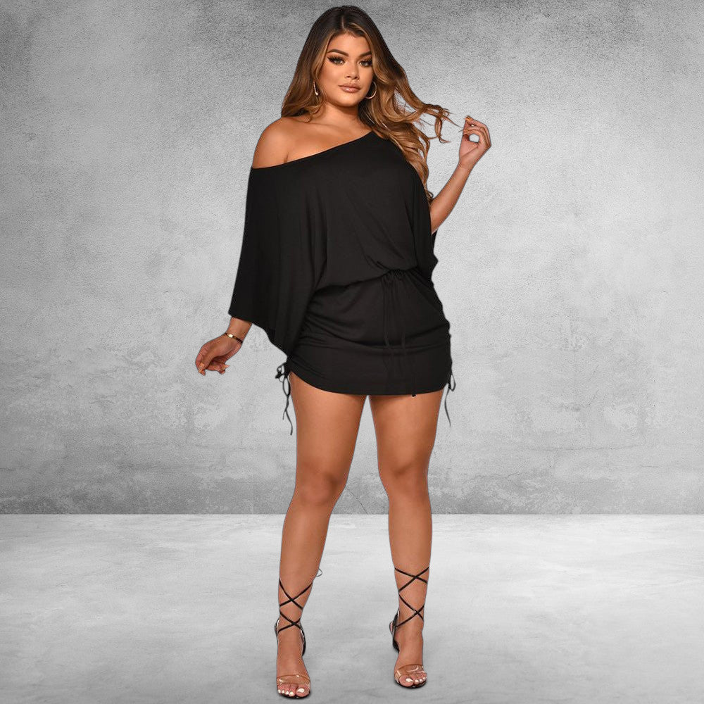 ZOFIA ATELIER black milk silk dolman sleeve smocked mini dress with drawstring waist and ruched sides.
