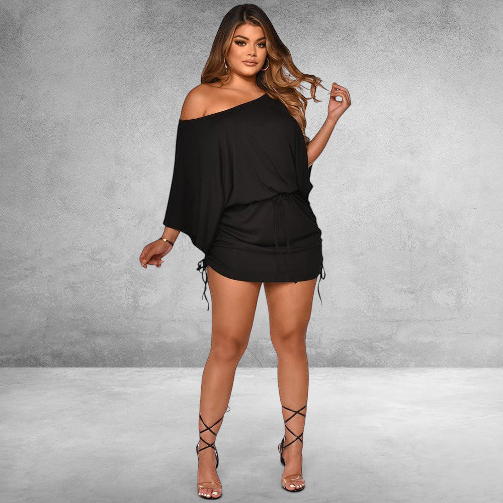 ZOFIA ATELIER black milk silk dolman sleeve smocked mini dress with drawstring waist and ruched sides.