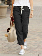 ZOFIA ATELIER black cotton-linen blend drawstring pants with a relaxed fit and elastic waist.