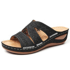 ZOFIA ATELIER black embroidered wedge sandals with fish mouth toe and artificial PU upper.