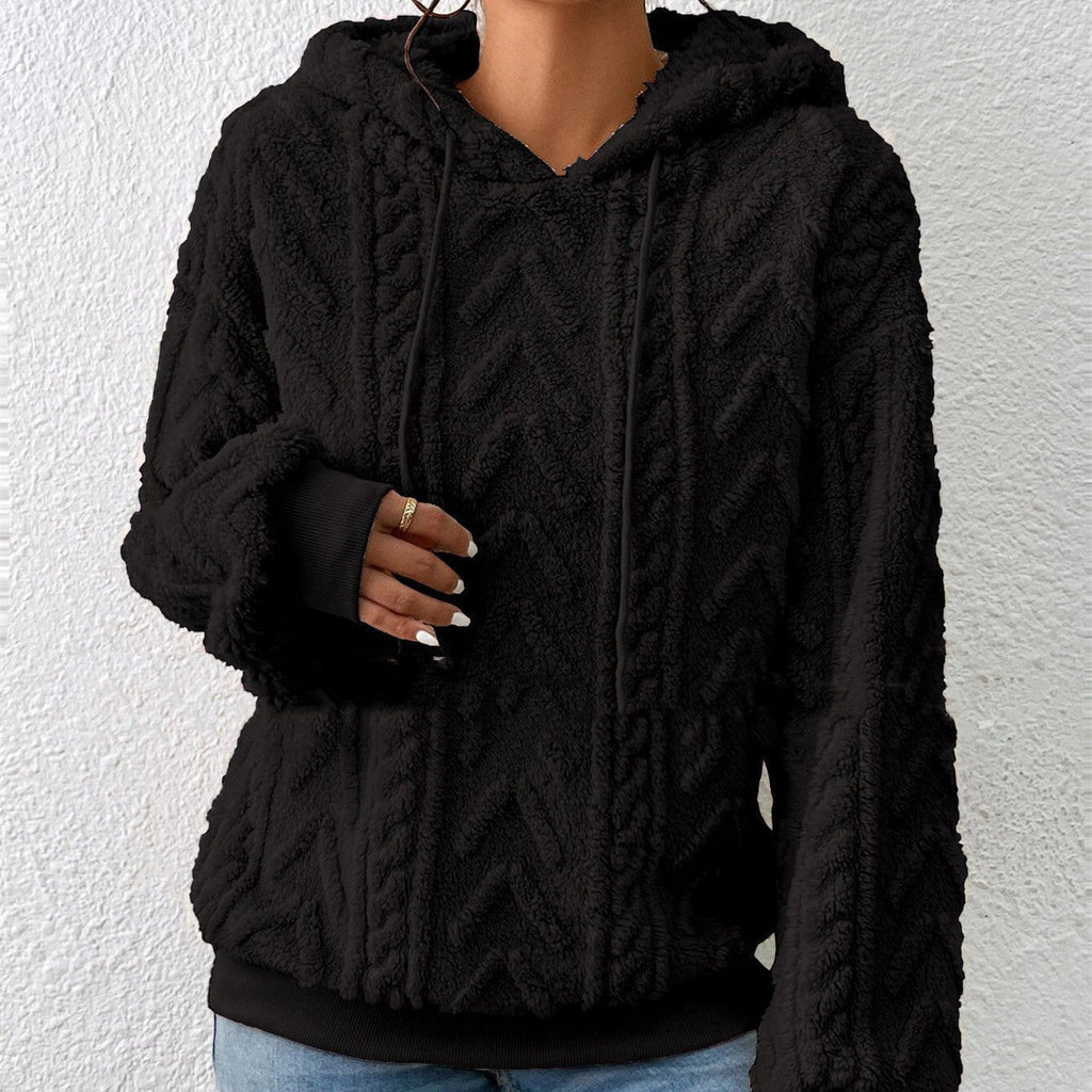 ZOFIA ATELIER black geometric embossed flannel hooded coat with drawstring and ribbed cuffs.