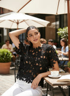 ZOFIA ATELIER black floral lace cropped top with short sleeves and round neckline.