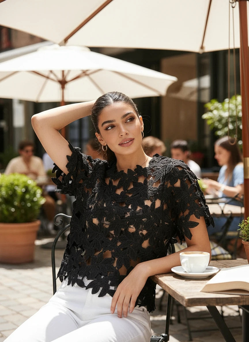 ZOFIA ATELIER black floral lace cropped top with short sleeves and round neckline.