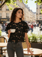 ZOFIA ATELIER black floral lace cropped top with short sleeves and round neckline.