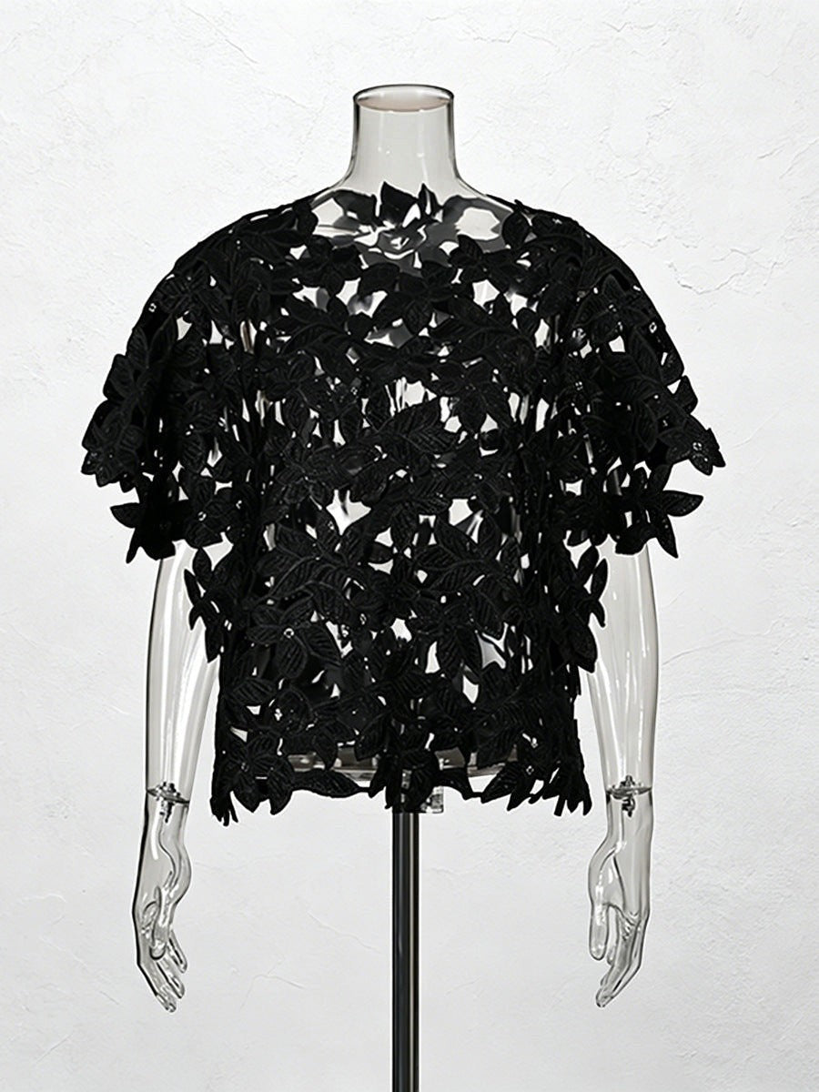 ZOFIA ATELIER black floral lace short sleeve cropped top with round neckline and openwork silhouette.