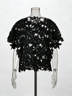 ZOFIA ATELIER black floral lace short sleeve cropped top with round neckline and openwork silhouette.