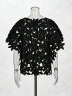 ZOFIA ATELIER black floral lace top with round neckline and short sleeves, cropped relaxed fit.