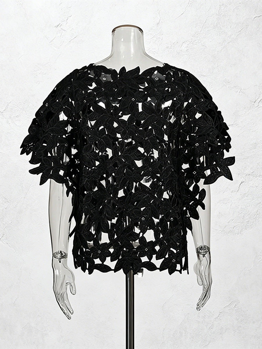 ZOFIA ATELIER black floral lace top with round neckline and short sleeves, cropped relaxed fit.