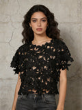 ZOFIA ATELIER black floral lace cropped top with short sleeves and round neckline.